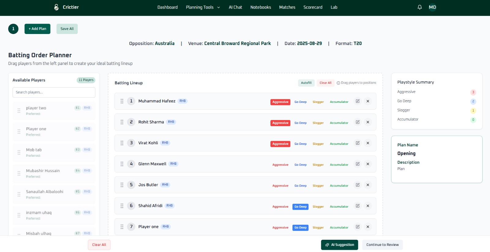Crictier Batting Order Planner Interface