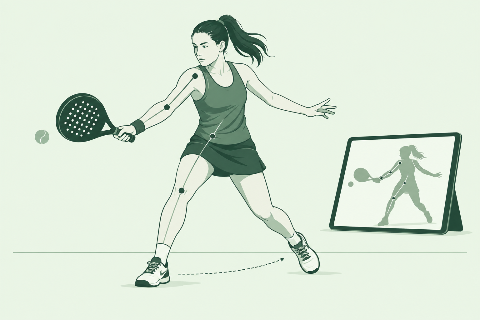 Illustration of a padel player mid-shot with motion-tracking points on their joints, alongside a tablet showing the tracked movement.