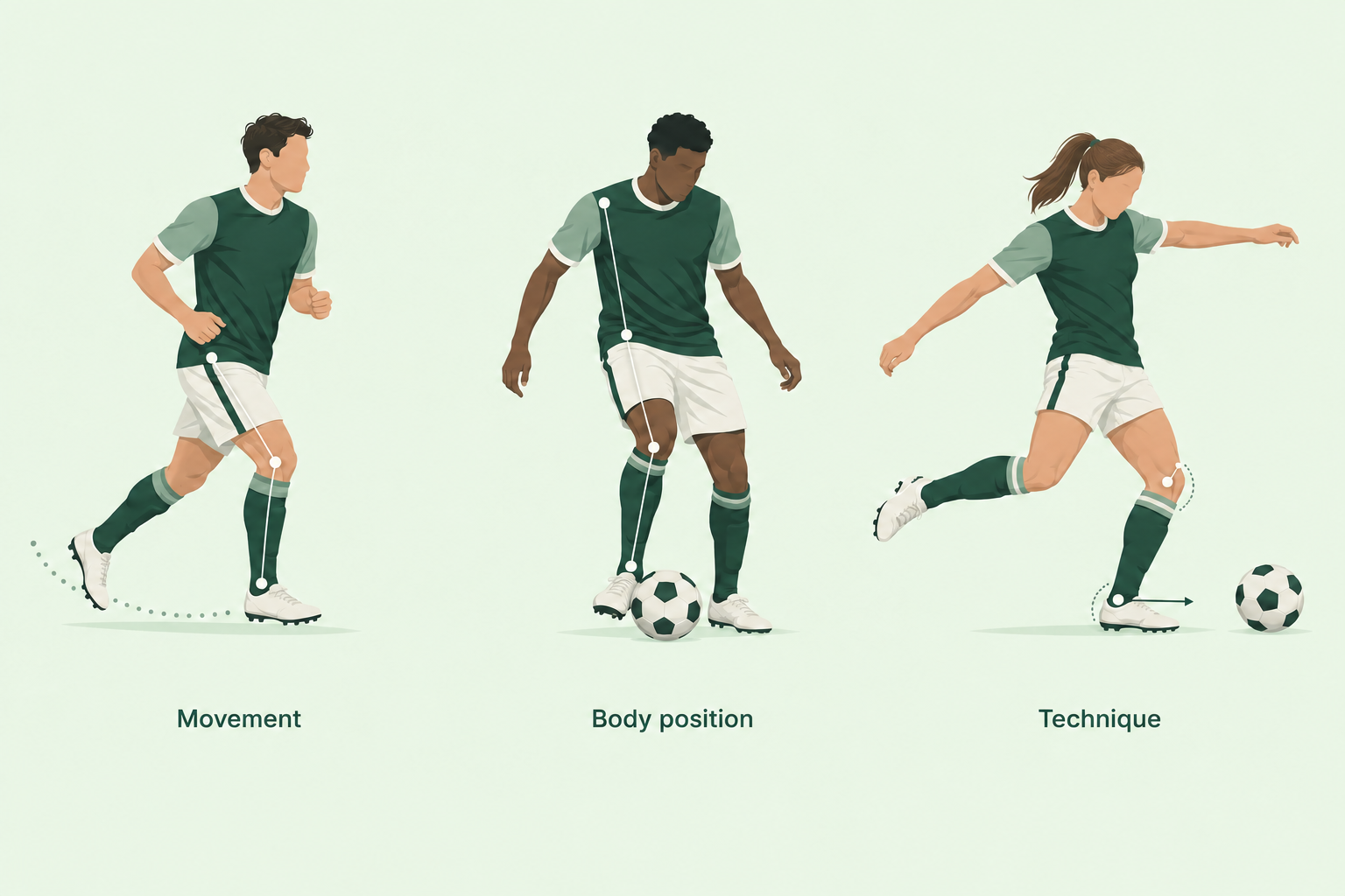 Three football player illustrations showing movement, body position and technique analysis.