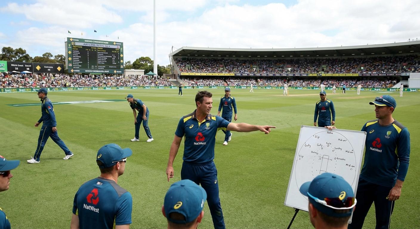 Cricket coaching staff briefing the team with a tactics board pitch-side before a match.
